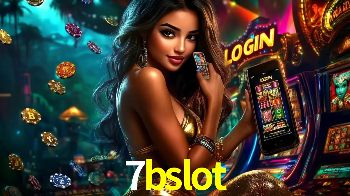 Mulher em um cenário de cassino temático de aventura, mostrando o app de caça-níqueis da 7bslot no celular. Fichas de apostas flutuam ao redor.