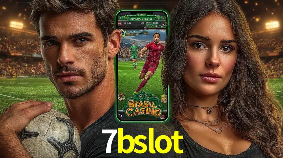 Homem segurando uma bola de futebol e uma mulher ao lado de um smartphone exibindo o jogo de apostas esportivas da 7bslot. Faça seu palpite no cassino online.